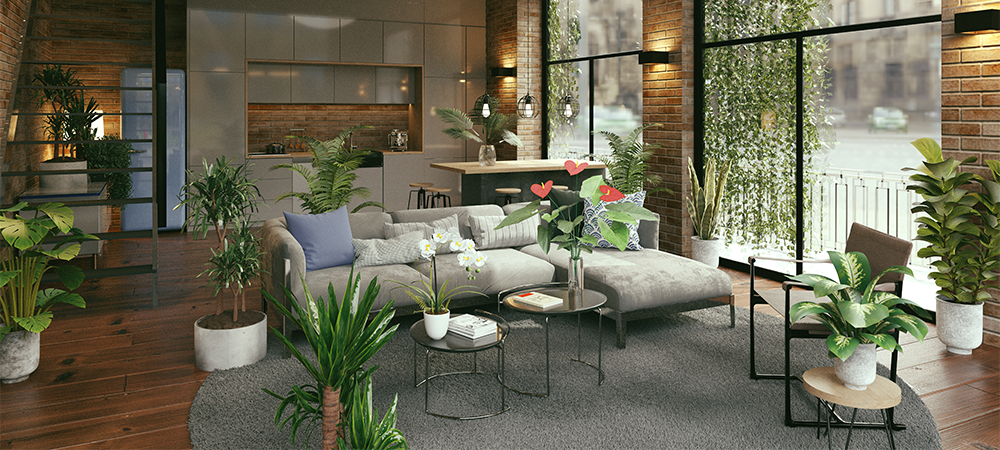 Modernes Wohnzimmer mit dekorativen Pflanzen