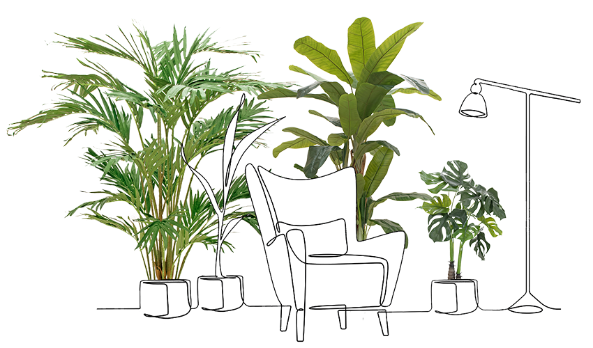 Zeichnung eines Sessels umgeben von Pflanzen