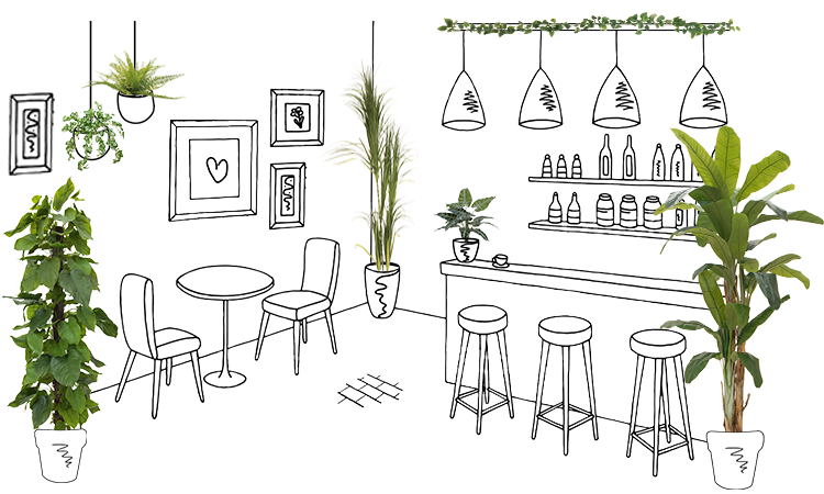 Zeichnung eines Restaurants mit dekorativen Pflanzen