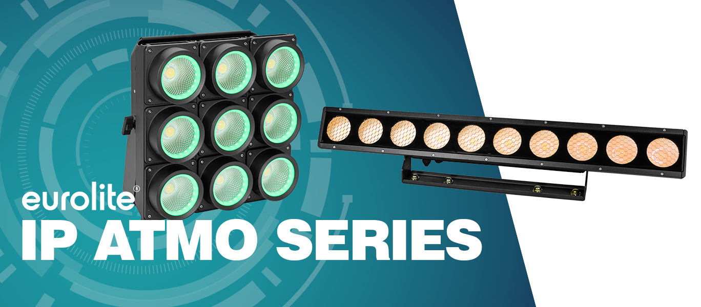 EUROLITE IP Atmo Series title image with Atmo Blinder 9 and Atmo Bar 10